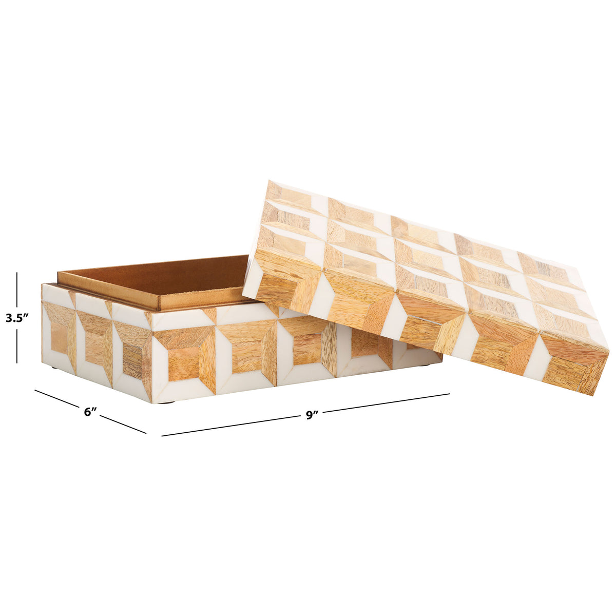 The larger wood-and-ivory box measures 9 by 6 by 3.5 inches and has a lift-off lid. || RDC5003A-SET2 || dimension_studio