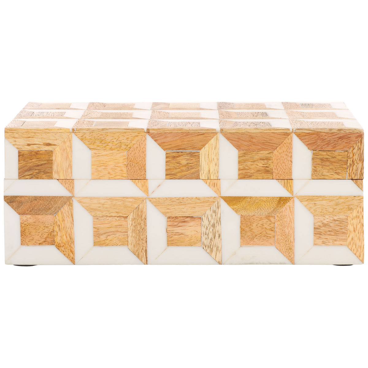 Warm mango wood and crisp ivory create dimensional cube motifs across the larger lidded box. || RDC5003A-SET2 || front_partial_studio