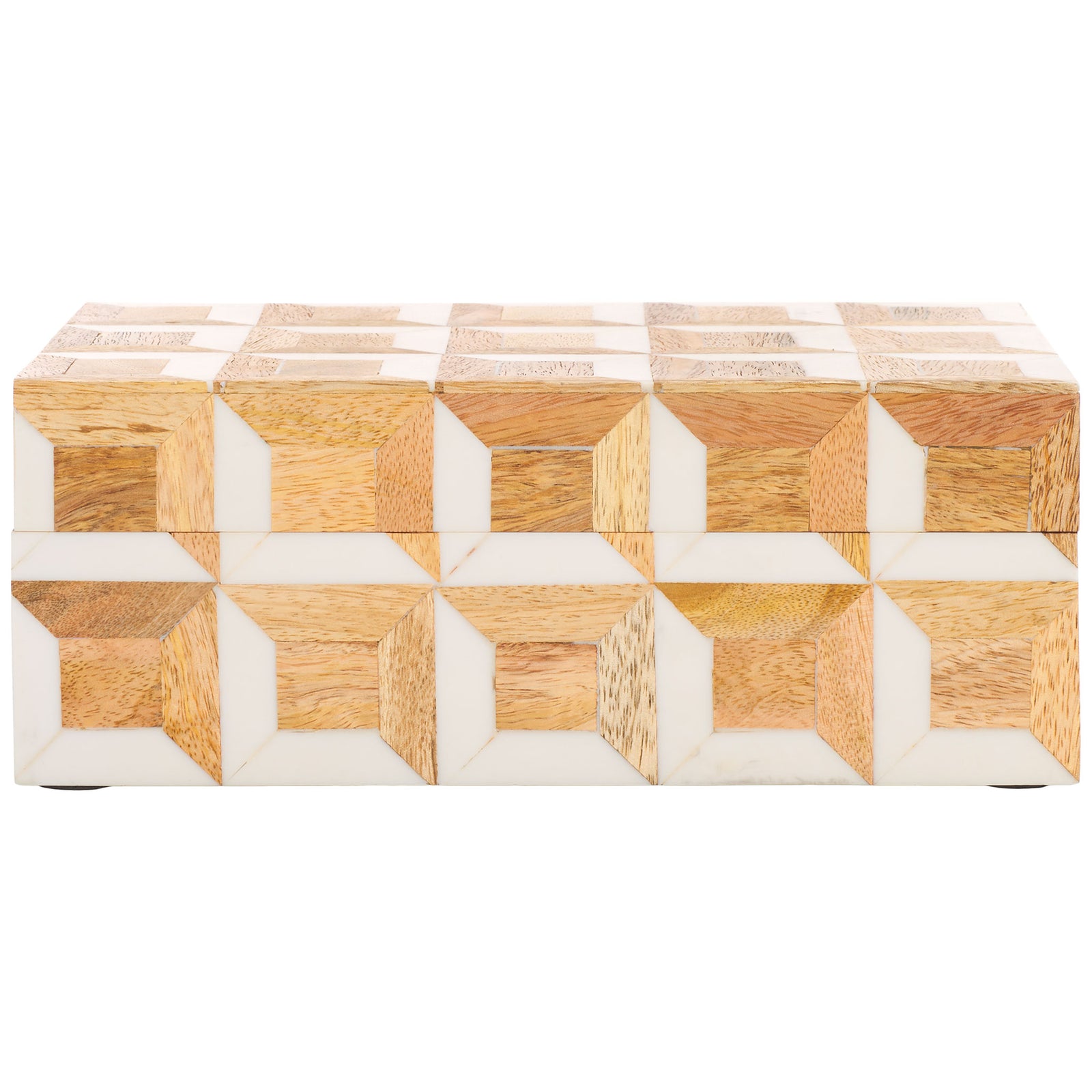 Warm mango wood and crisp ivory create dimensional cube motifs across the larger lidded box. || RDC5003A-SET2 || front_partial_studio