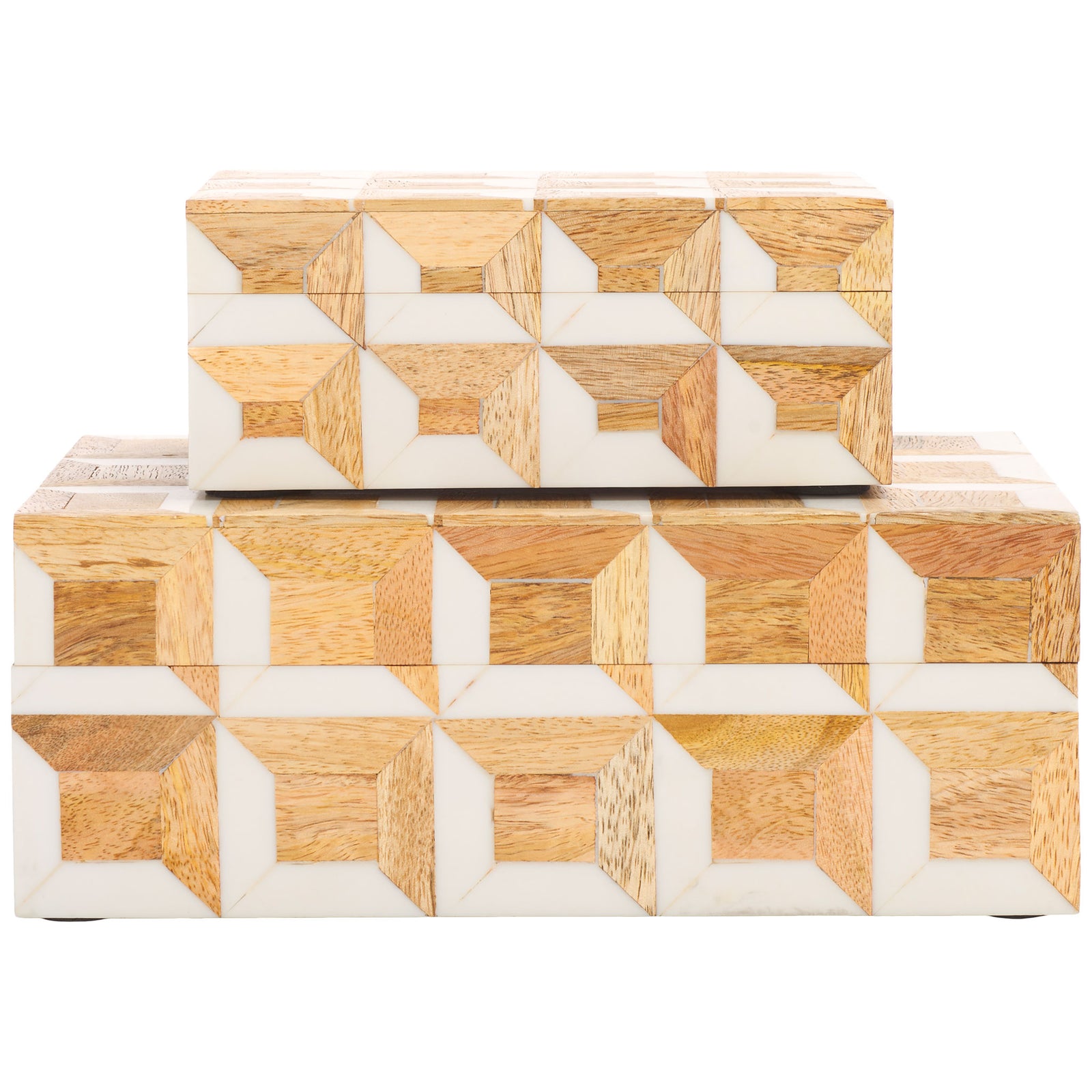 Two graduated lidded boxes combine natural wood grain and ivory accents for keepsake storage. || RDC5003A-SET2 || front_studio