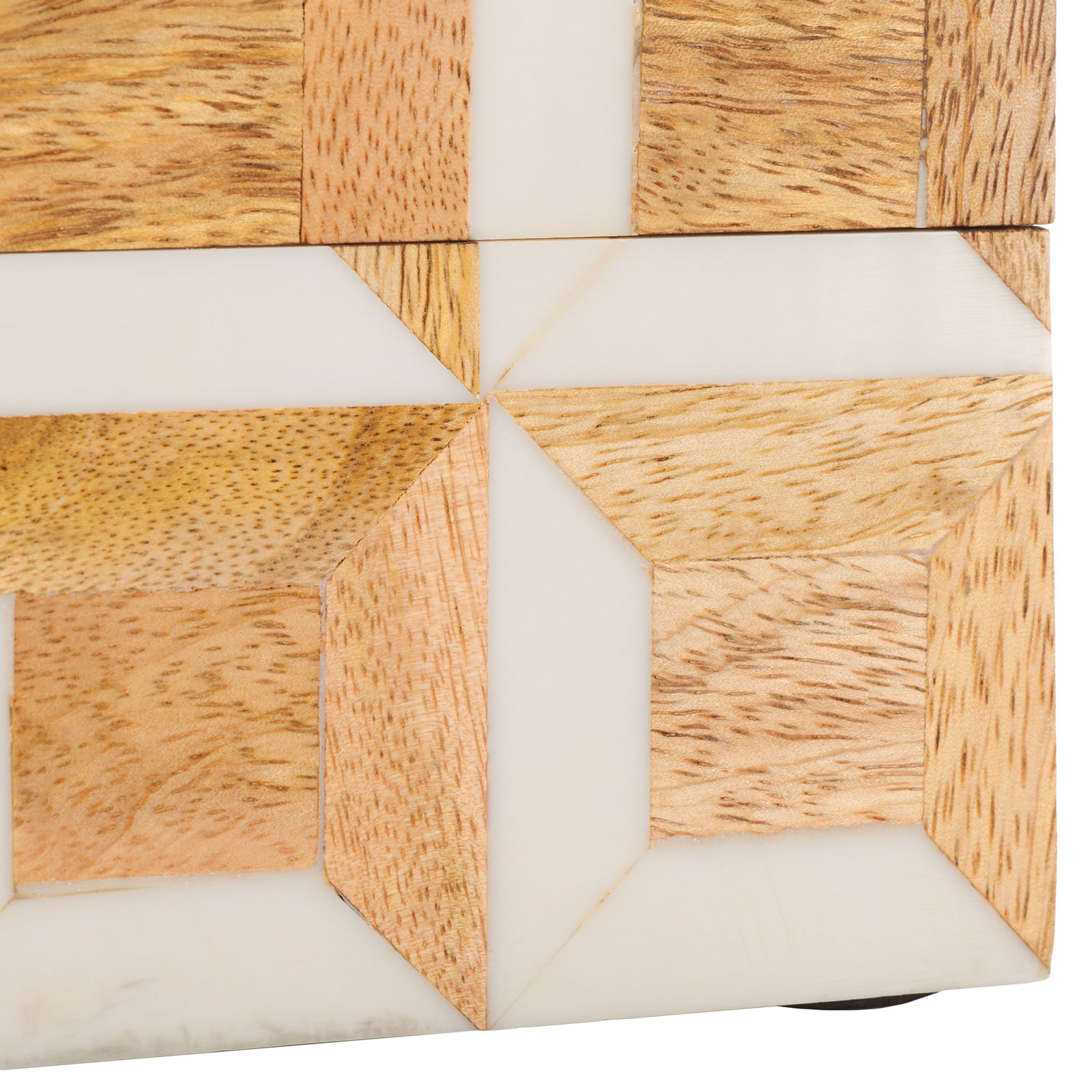 A small dark foot subtly elevates the box beneath its wood-and-ivory geometric finish. || RDC5003A-SET2 || leg_studio