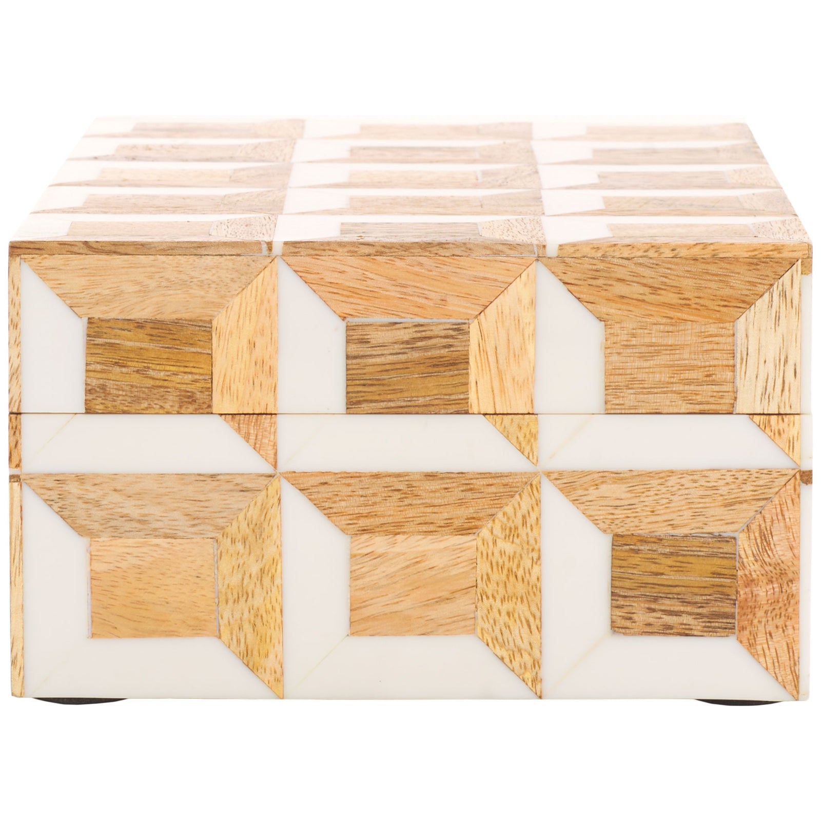 Natural wood grain and smooth ivory inlays form sculptural cube motifs on the lidded box. || RDC5003A-SET2 || side_partial_studio