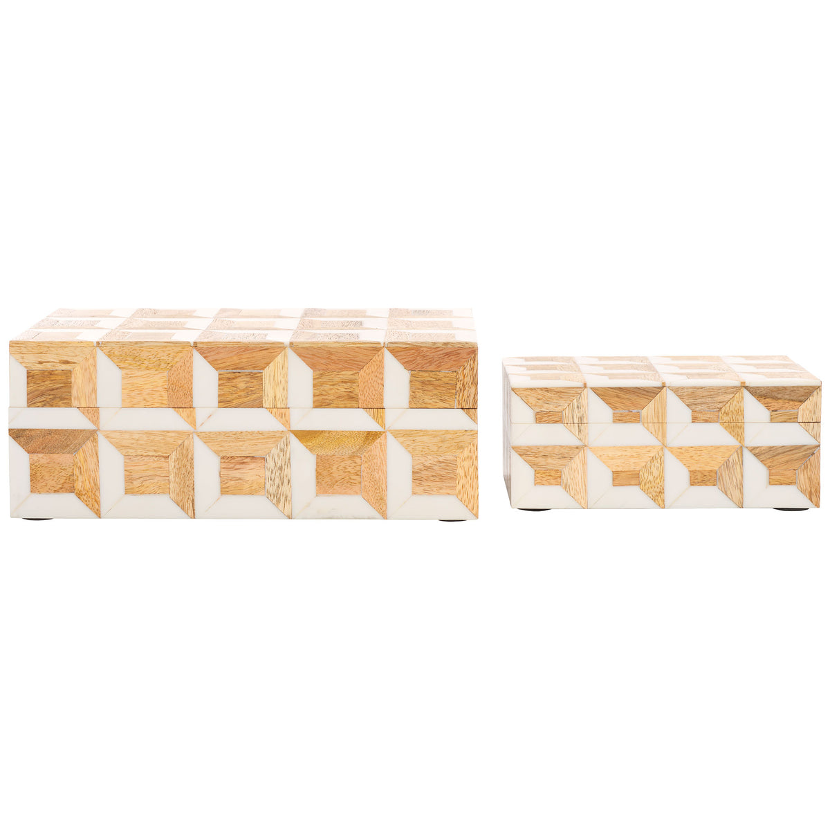 Large and small boxes pair practical storage with repeating wood-and-ivory cube patterns. || RDC5003A-SET2 || front_studio