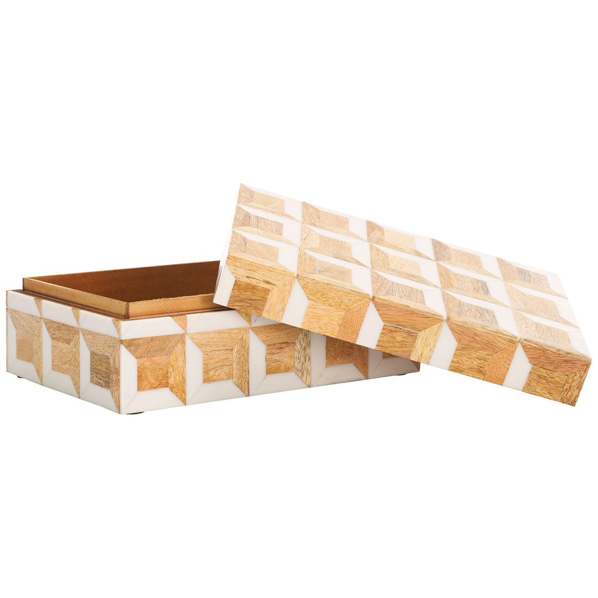 A removable patterned lid reveals the larger box's warm brown storage interior. || RDC5003A-SET2 || front_angle_partial_open_studio