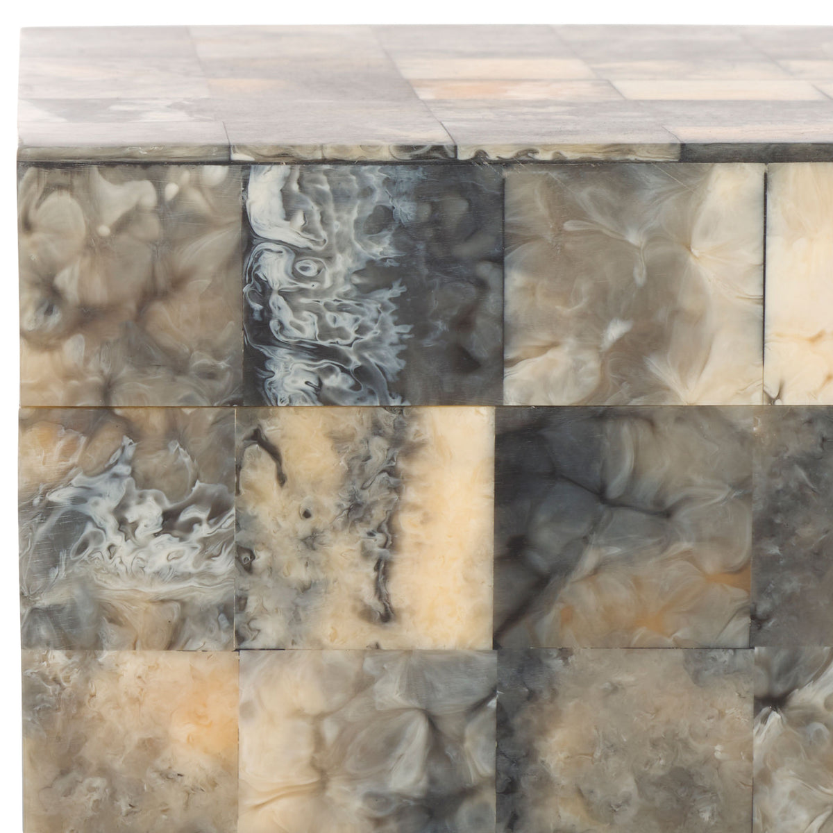 Marbled ivory, smoky gray, and amber squares create a richly varied mosaic across the lidded box. || RDC5004A-SET2 || detail_studio
