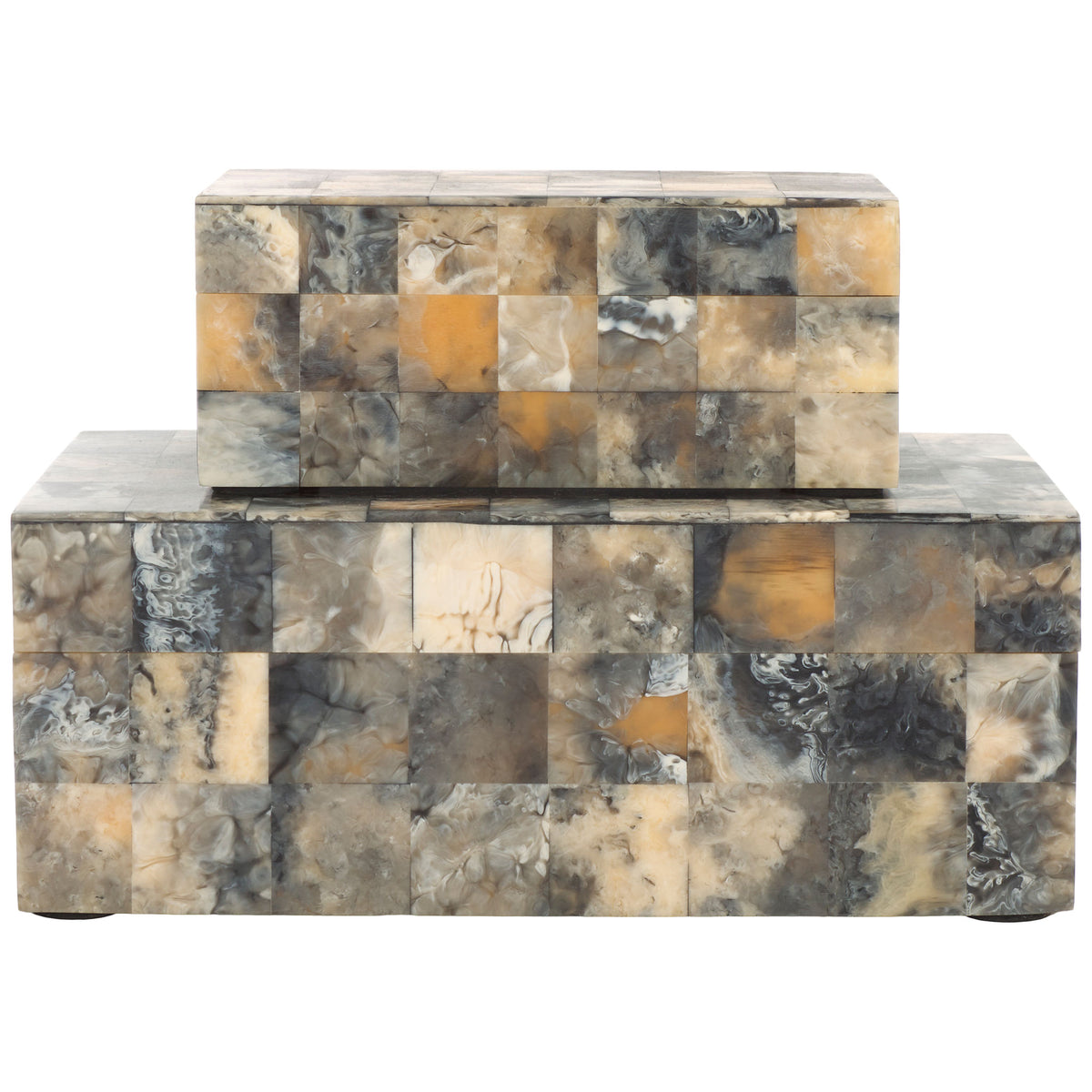 Two graduated lidded boxes blend cream, charcoal, and honey-toned squares for decorative storage. || RDC5004A-SET2 || front_studio