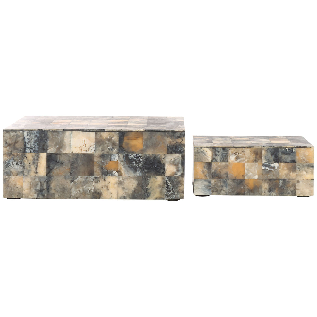 A large and small decorative box offer coordinated storage in gray, ivory, and amber tones. || RDC5004A-SET2 || front_studio