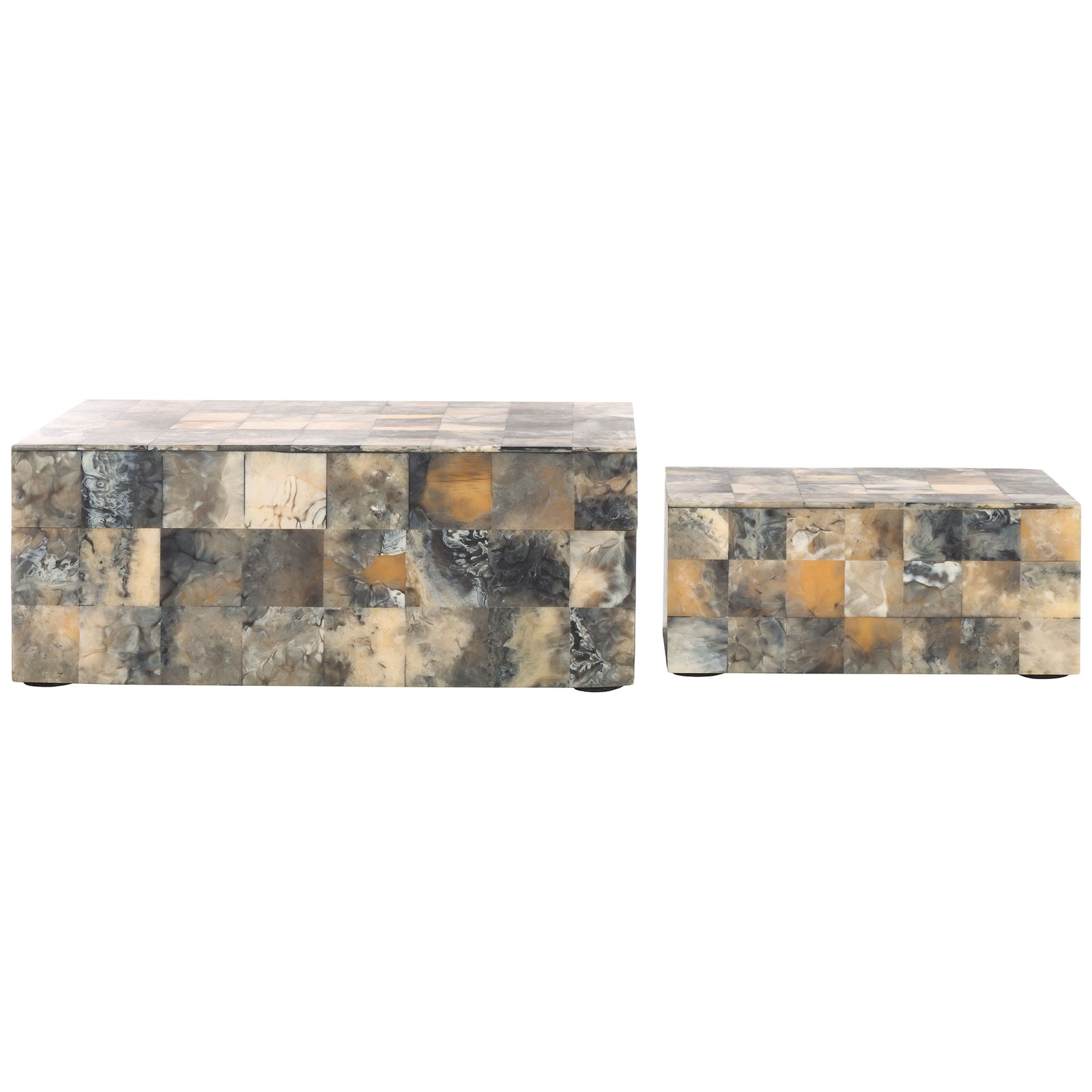 A large and small decorative box offer coordinated storage in gray, ivory, and amber tones. || RDC5004A-SET2 || front_studio