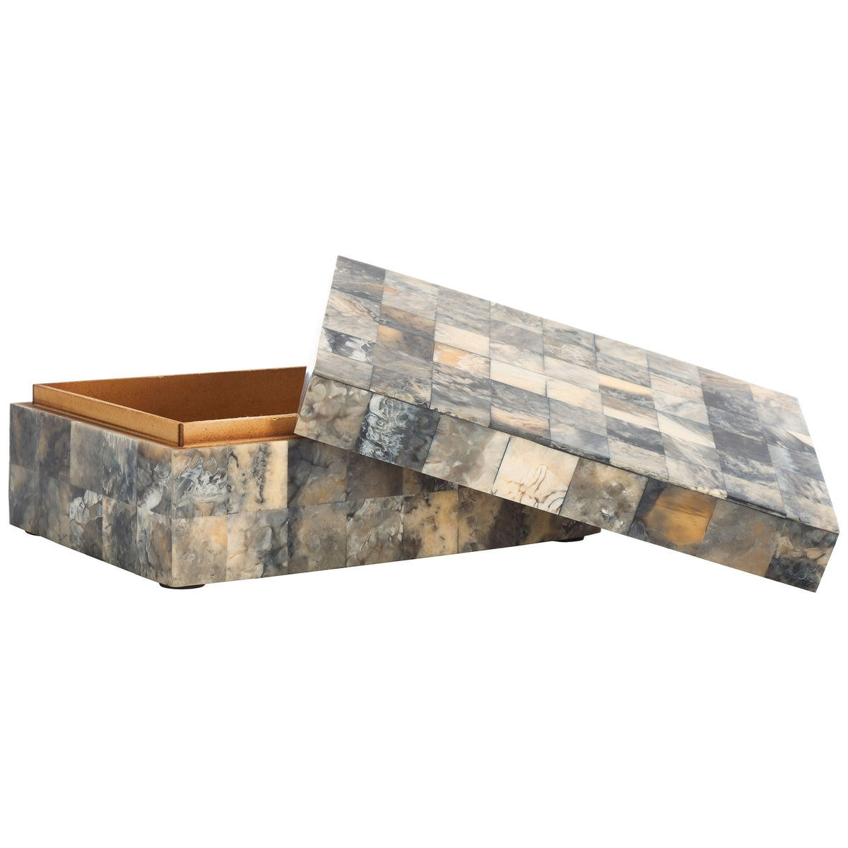 The lift-off lid reveals a warm brown interior inside the larger marbled mosaic box. || RDC5004A-SET2 || front_angle_partial_open_studio