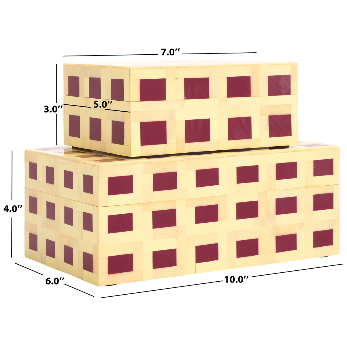 The burgundy-inlaid boxes measure 10 x 6 x 4 and 7 x 5 x 3 inches || RDC5005A-SET2 || dimension_studio