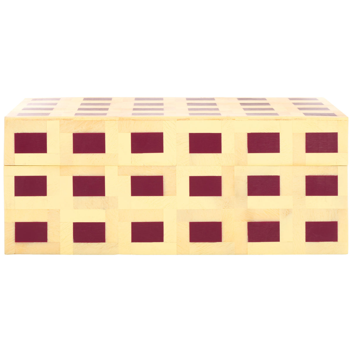 The larger lidded box features three rows of burgundy squares in a pale yellow grid || RDC5005A-SET2 || front_partial_studio