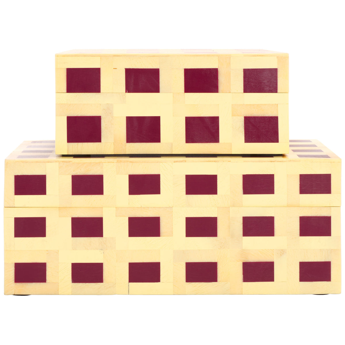 A smaller lidded box rests atop a larger one, pairing pale yellow faux wood grain with burgundy squares || RDC5005A-SET2 || front_studio