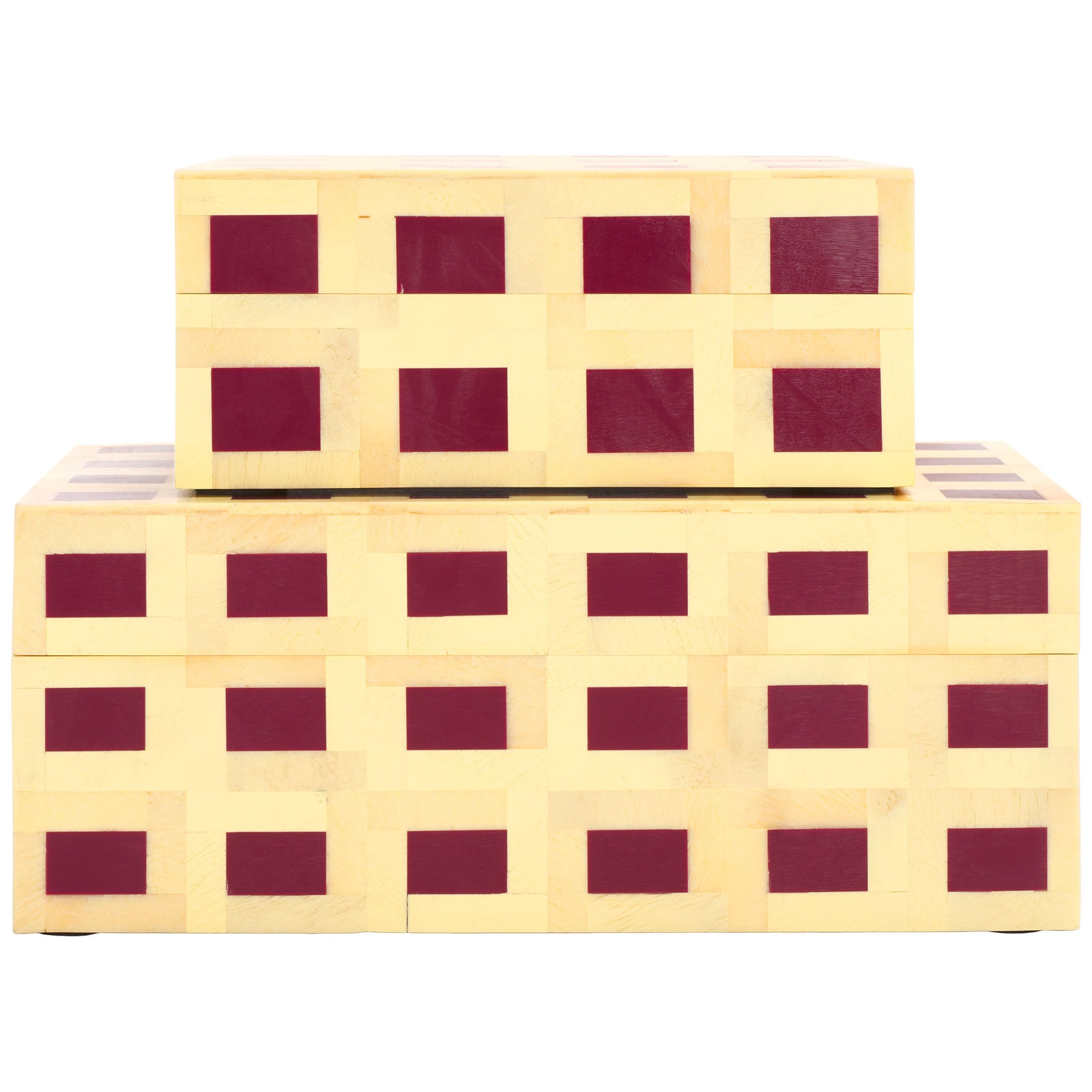 A smaller lidded box rests atop a larger one, pairing pale yellow faux wood grain with burgundy squares || RDC5005A-SET2 || front_studio