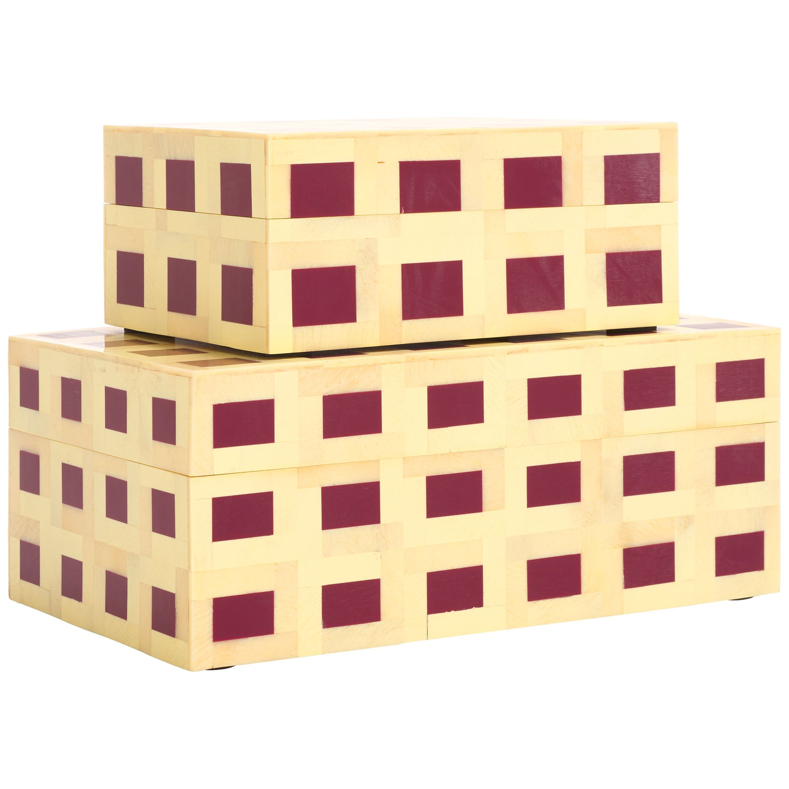 Geometric burgundy inlays continue across the sides and lids of two stackable decor boxes || RDC5005A-SET2 || front_angle_studio