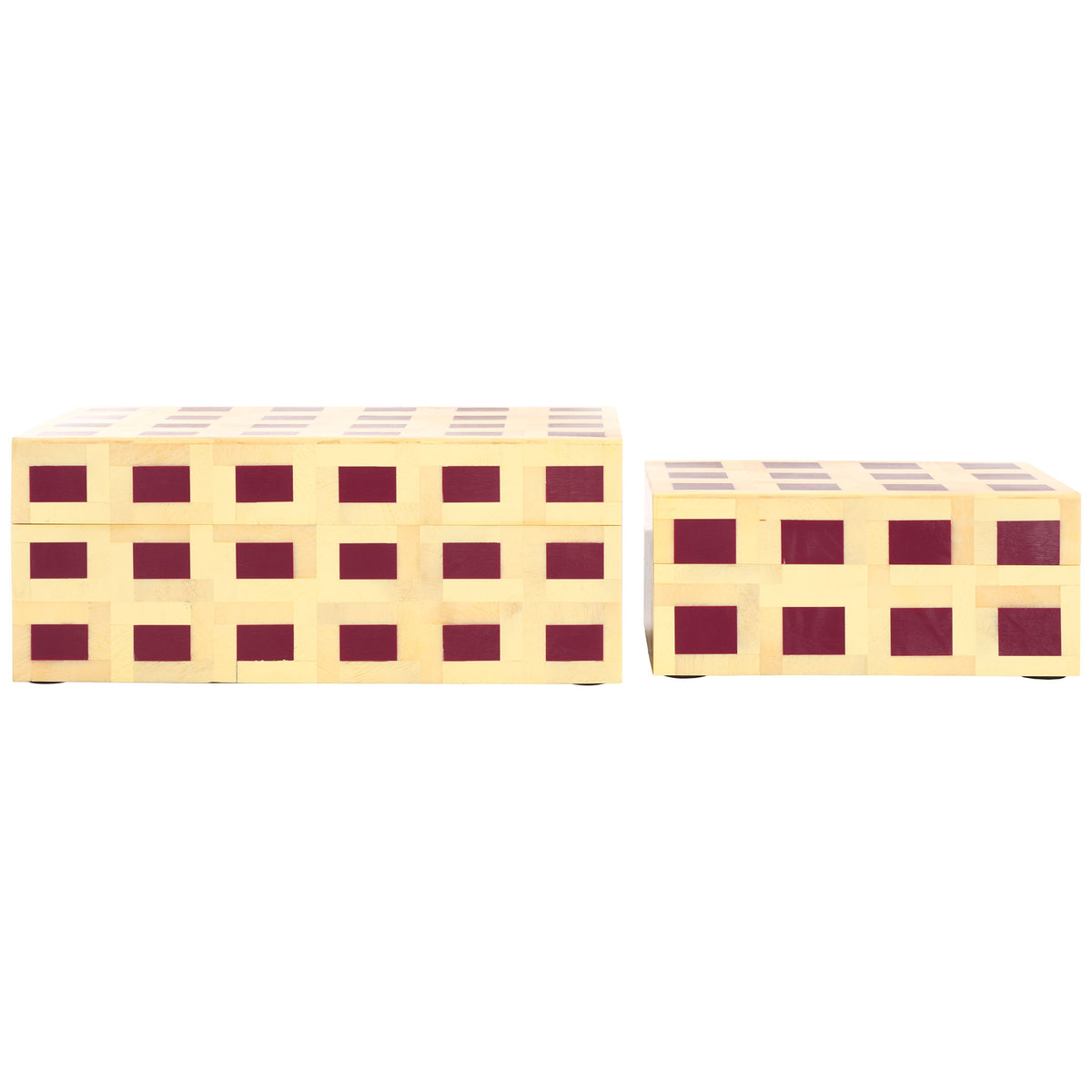Two differently sized lidded boxes offer coordinated storage with pale yellow latticework and burgundy squares || RDC5005A-SET2 || front_studio