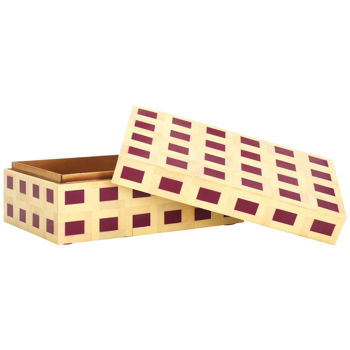 An open box reveals a warm brown interior, with its burgundy-inlaid lid resting alongside || RDC5005A-SET2 || front_angle_partial_open_studio