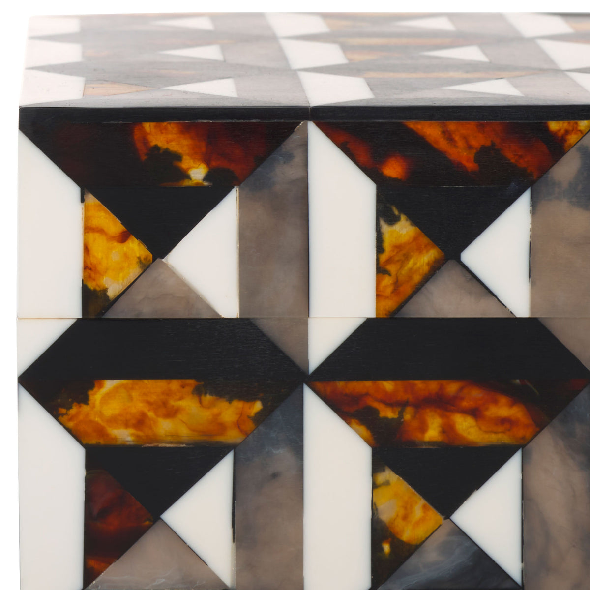 Ivory triangles and amber marbling form a rich geometric inlay across the box lid and sides || RDC5006A-SET2 || detail_studio