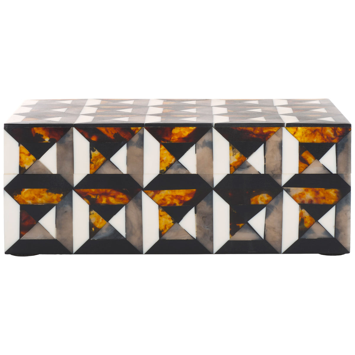 A roomy lidded box showcases repeating diamond motifs in ivory, charcoal, and amber || RDC5006A-SET2 || front_partial_studio