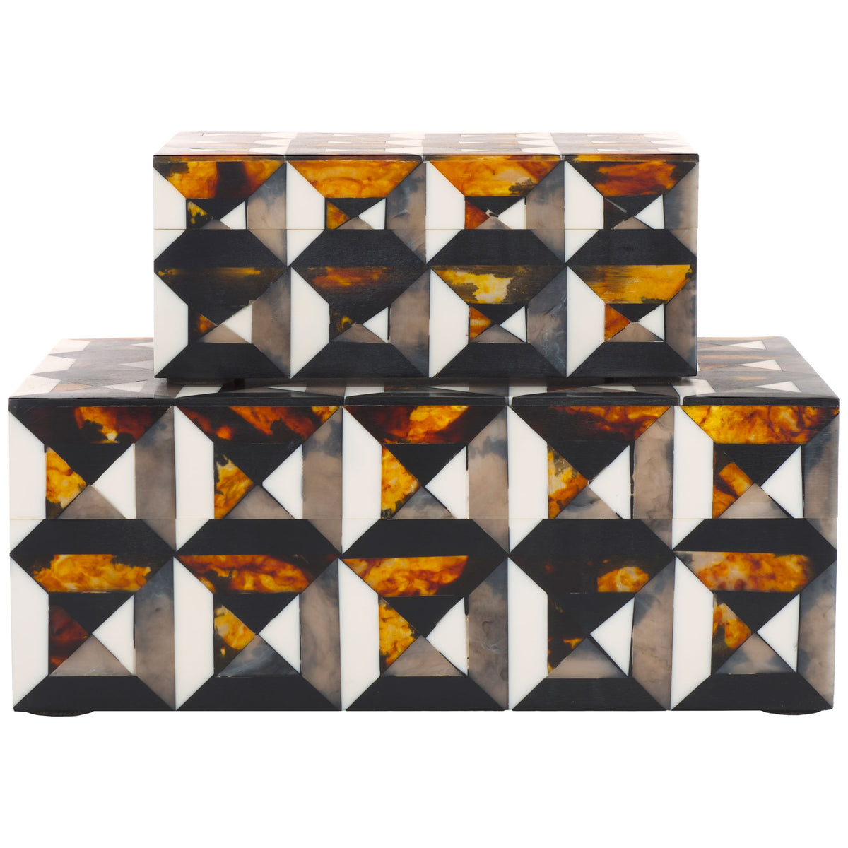Two stacked storage boxes pair intricate ivory and amber geometry with a bold dark finish || RDC5006A-SET2 || front_studio