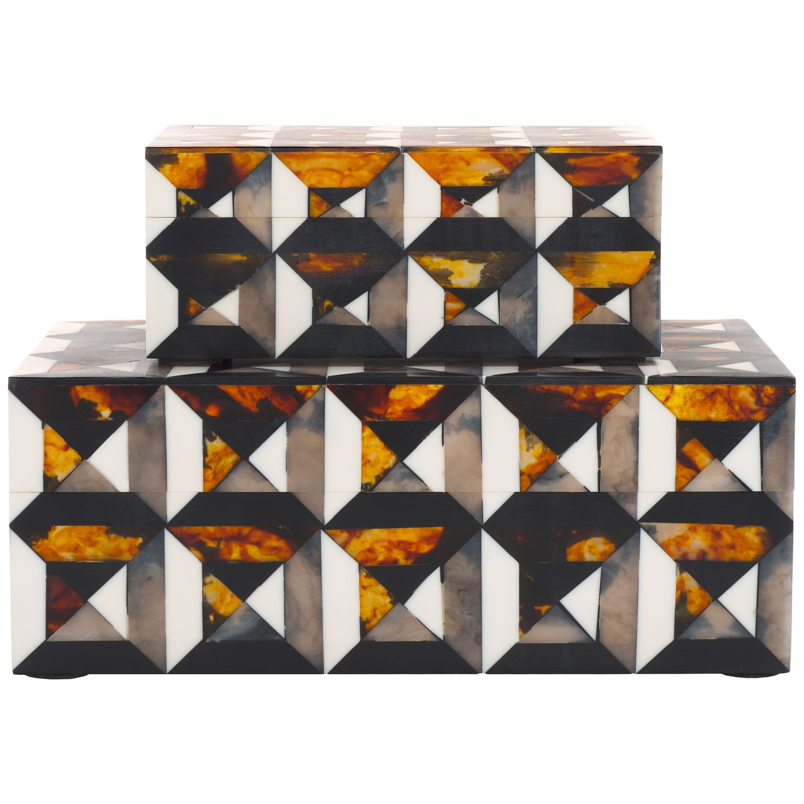Two stacked storage boxes pair intricate ivory and amber geometry with a bold dark finish || RDC5006A-SET2 || front_studio