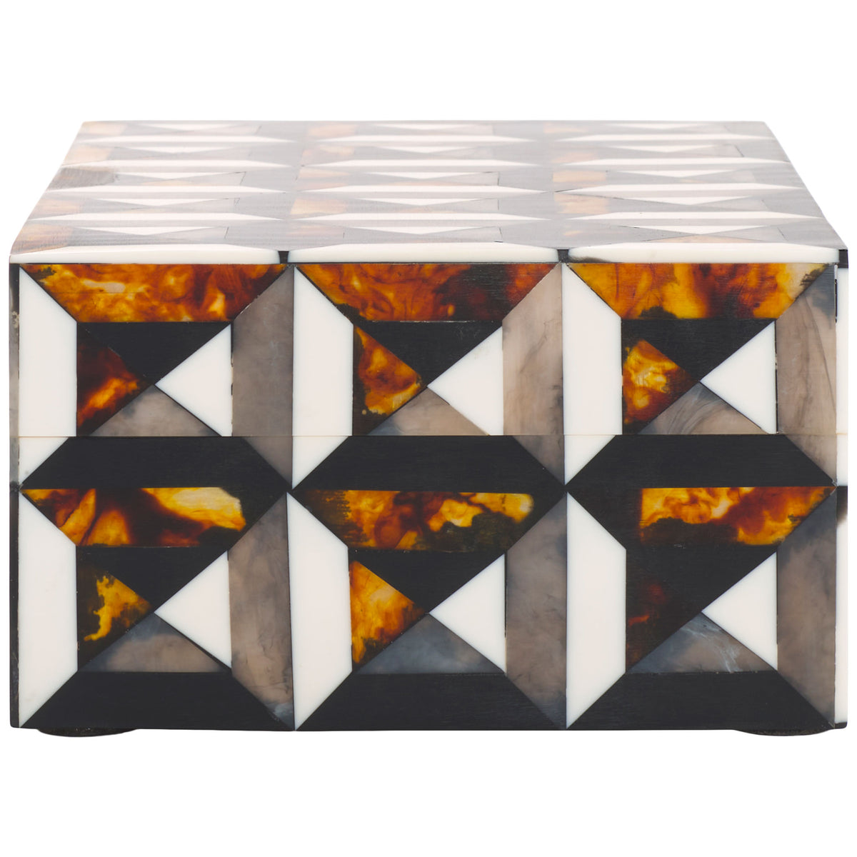 A bold geometric pattern wraps around the box, mixing smoky brown, ivory, and glowing amber || RDC5006A-SET2 || side_partial_studio