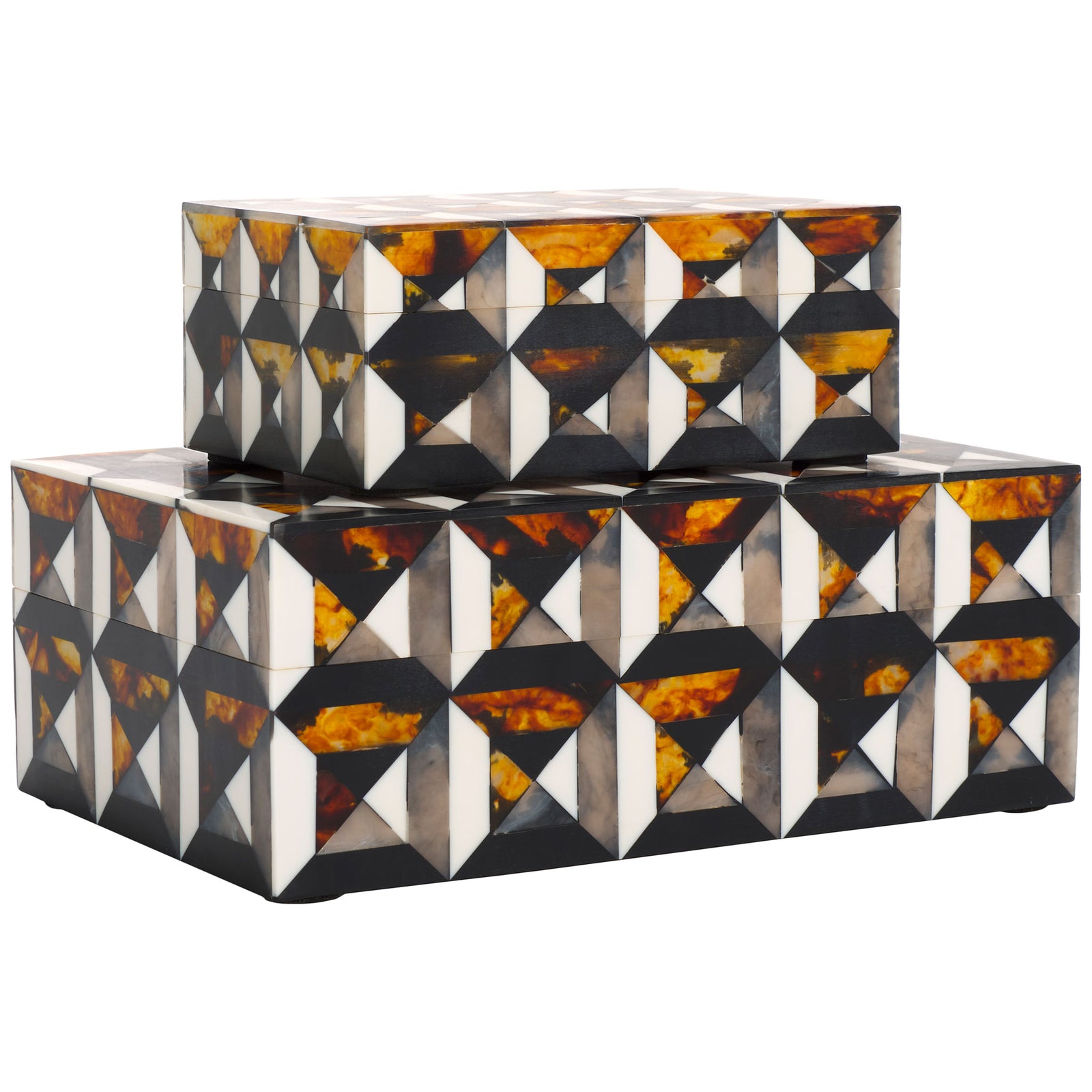 The stacked boxes combine crisp triangular inlay with deep charcoal and glowing amber tones || RDC5006A-SET2 || front_angle_studio
