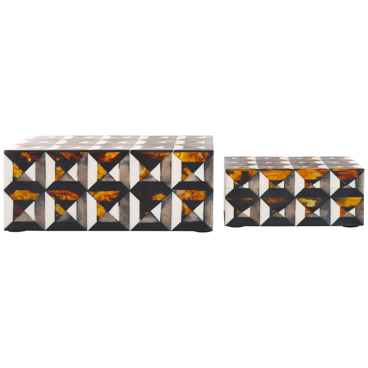 Large and small lidded boxes stand together with coordinated ivory, brown, and amber mosaic patterns || RDC5006A-SET2 || front_studio