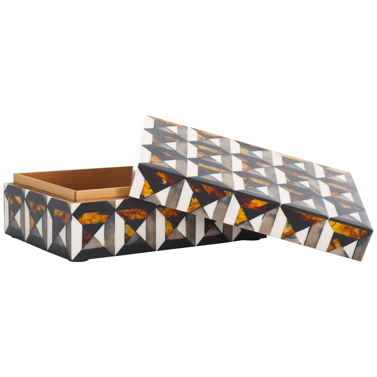 A lift-off lid reveals the warm brown storage interior of the geometric box || RDC5006A-SET2 || front_angle_partial_open_studio