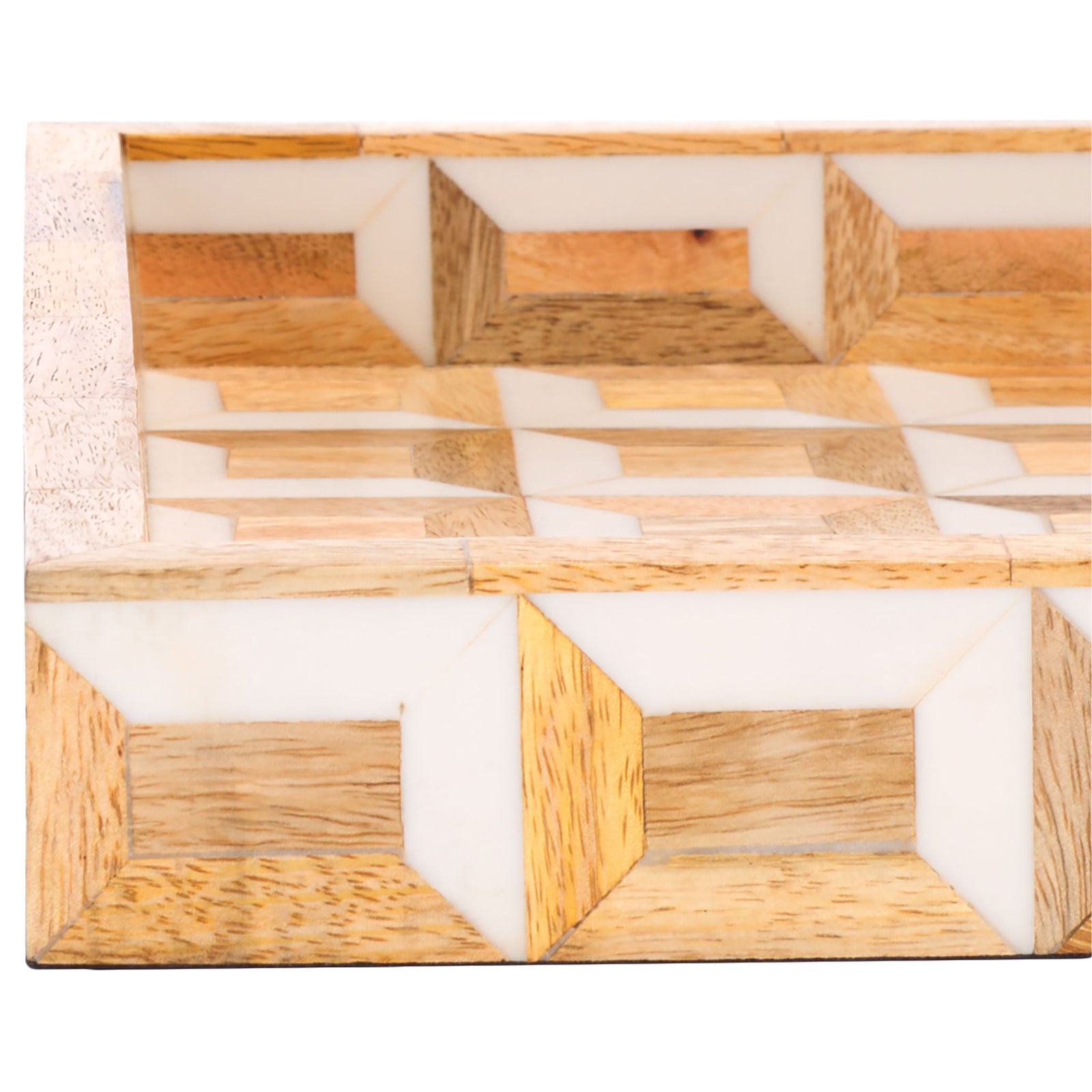 Natural wood grain and ivory detailing create a dimensional geometric pattern on the trays. || RDC5010A-SET2 || detail_studio
