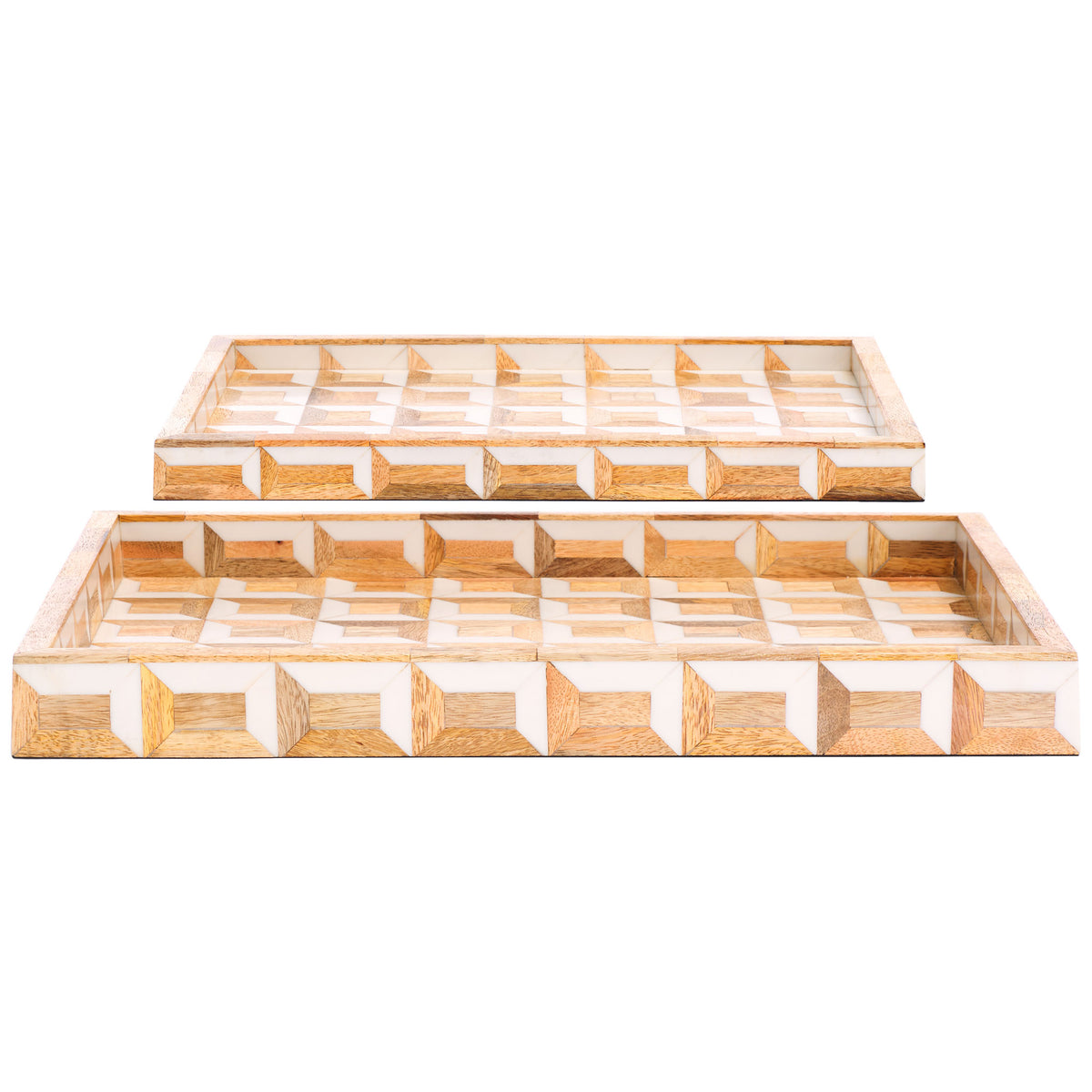 Two nesting trays combine warm wood grain and antique ivory in a repeating geometric design. || RDC5010A-SET2 || front_studio