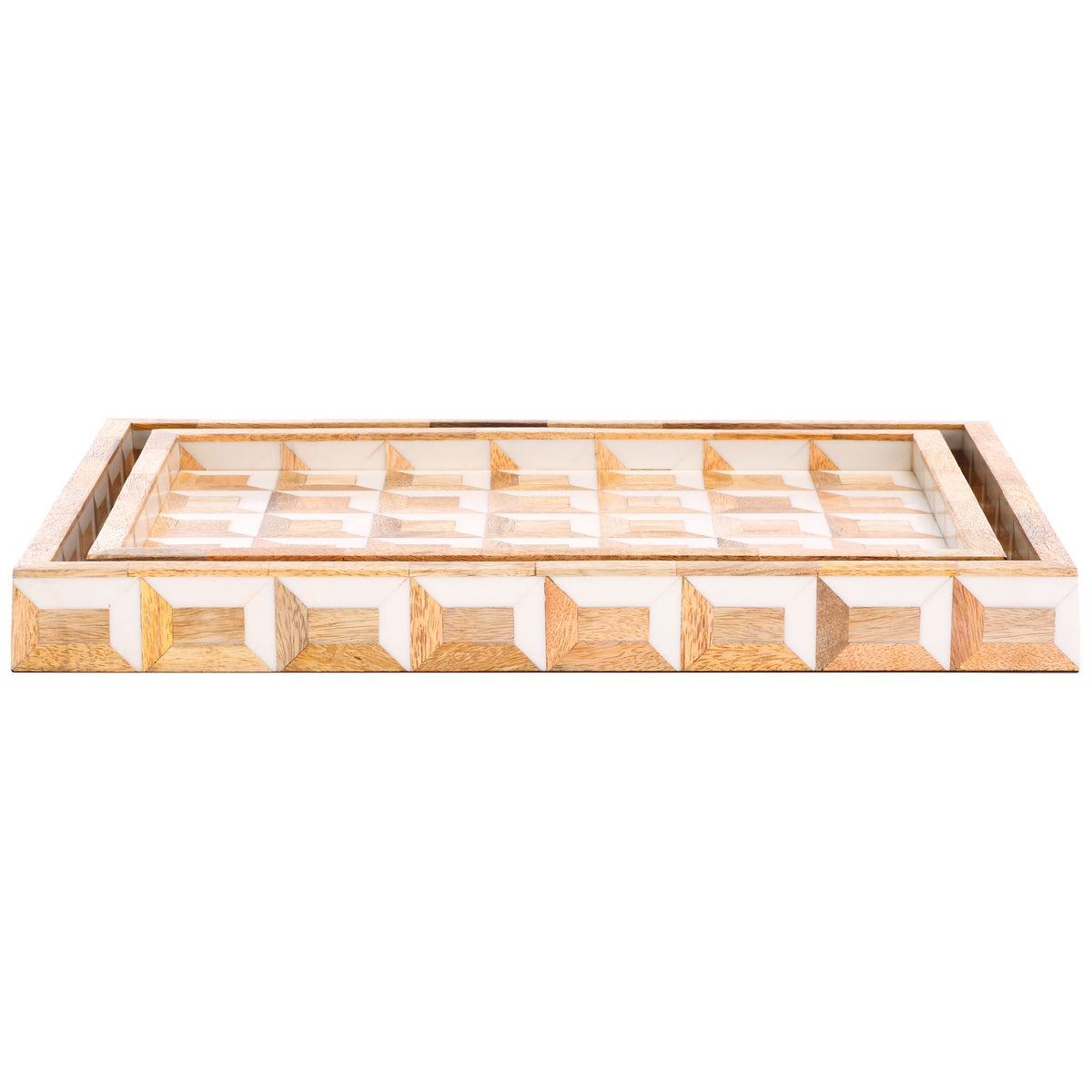 The larger rectangular tray pairs a shallow interior with a patterned wood-and-ivory rim. || RDC5010A-SET2 || front_studio