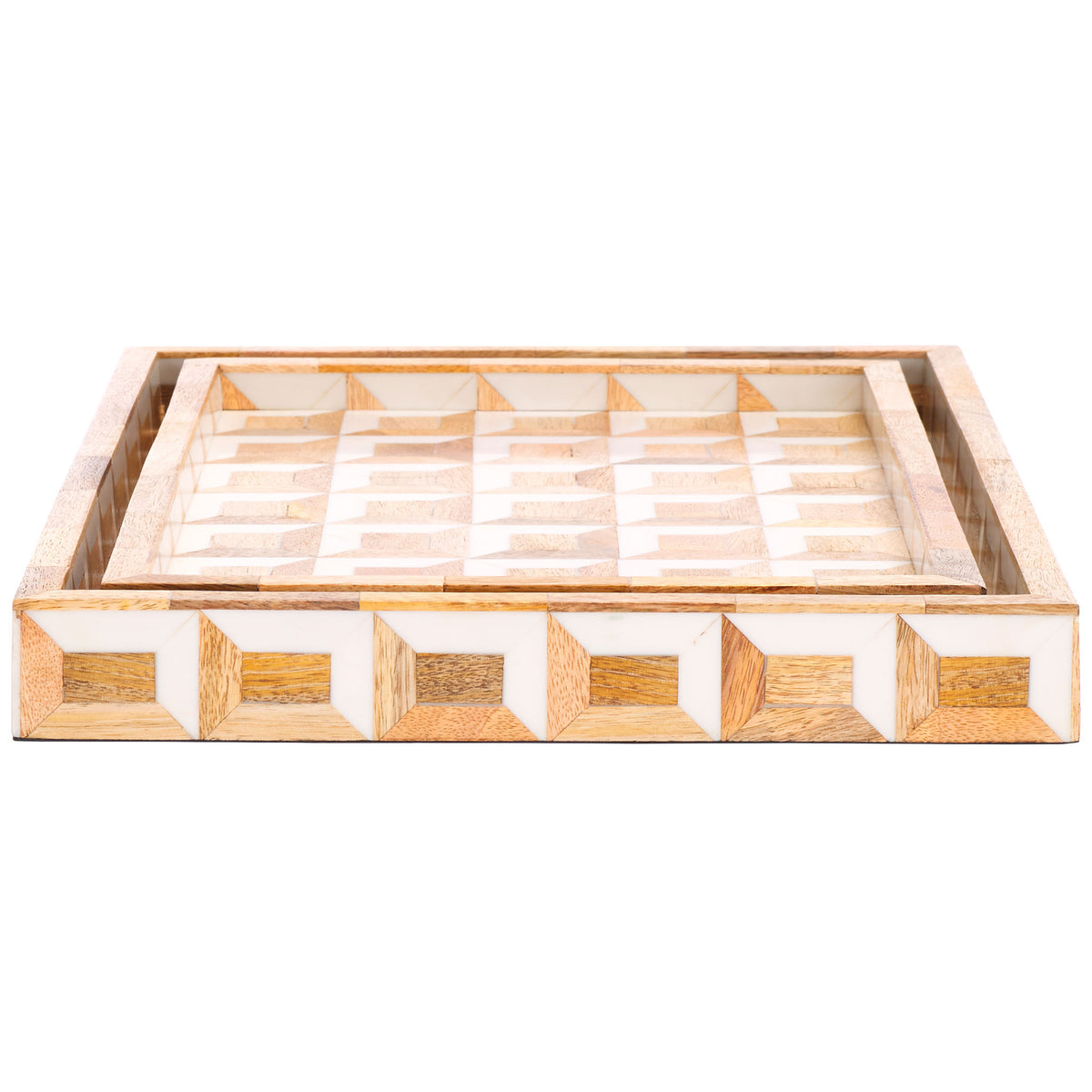 The smaller tray has a shallow basin accented with repeating natural wood and ivory shapes. || RDC5010A-SET2 || side_studio