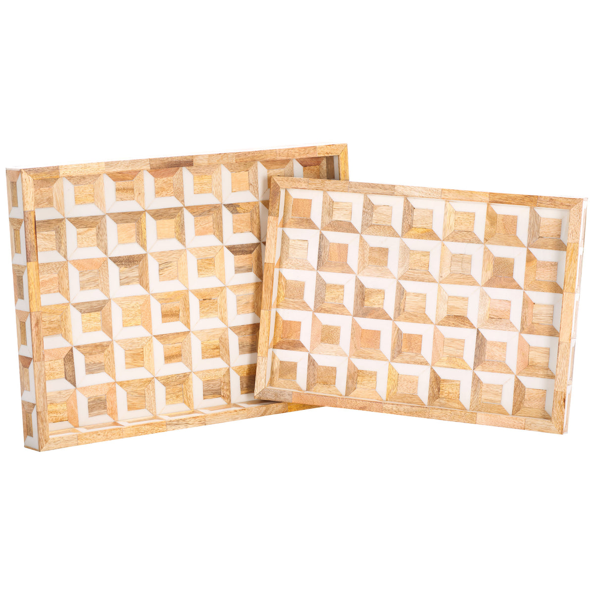Coordinating trays in two sizes display dimensional ivory and wood cube patterns. || RDC5010A-SET2 || top_angle_studio