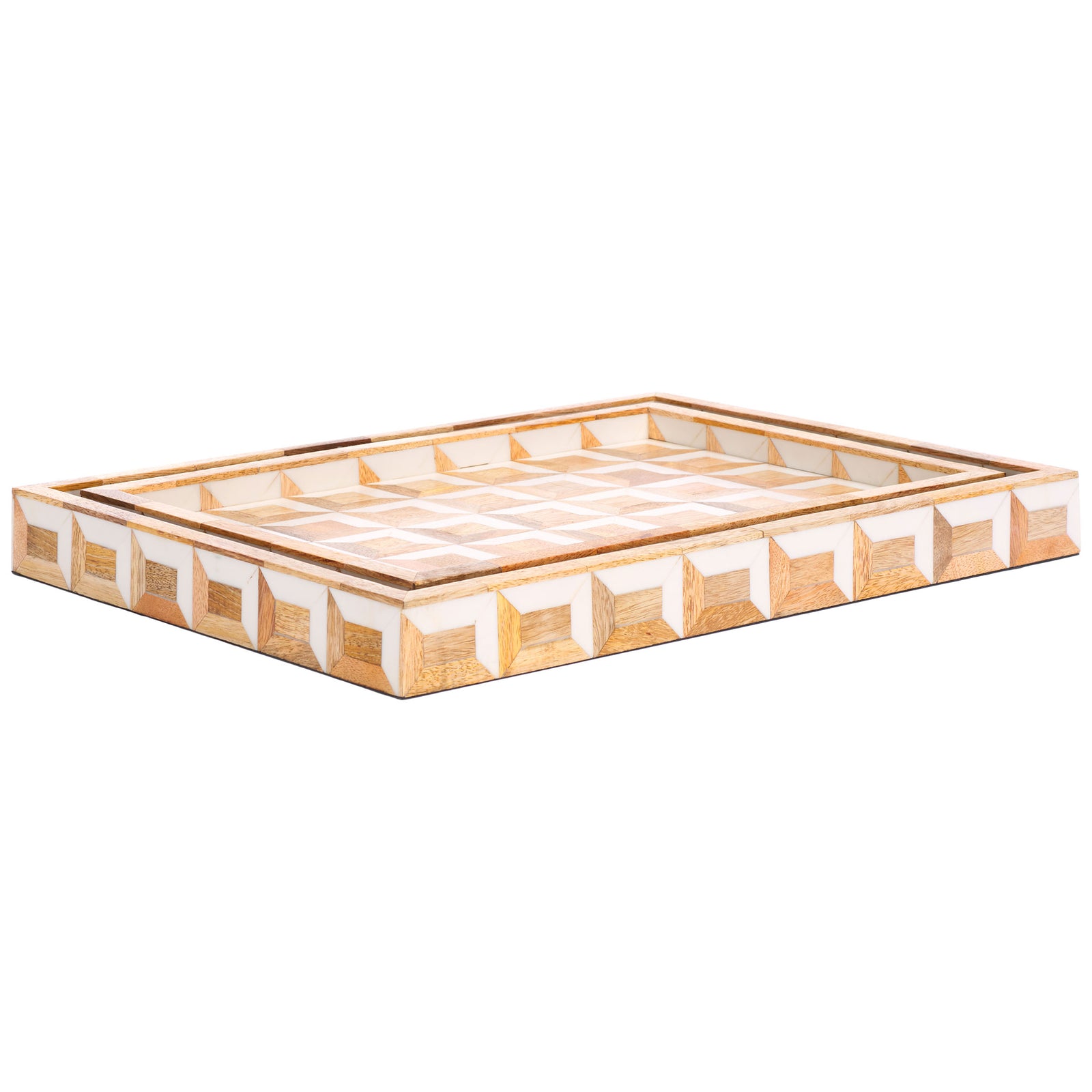 A low rim and ivory geometric accents frame the larger wood tray's shallow interior. || RDC5010A-SET2 || front_angle_studio