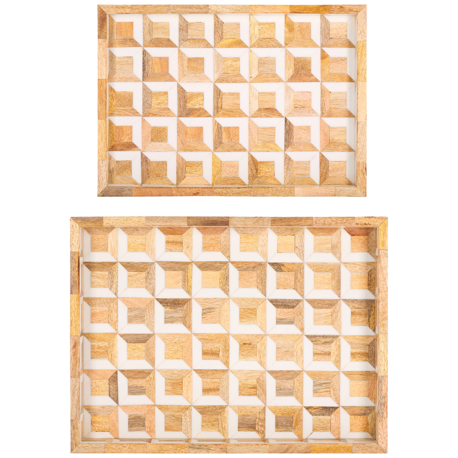 Two tray sizes offer coordinating ivory-and-wood geometric surfaces. || RDC5010A-SET2 || top_studio