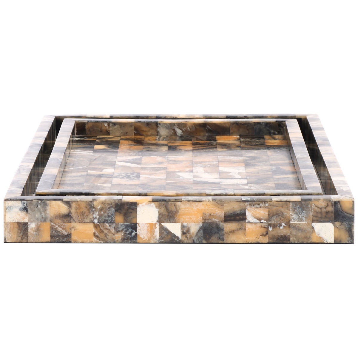 Layered tray rims showcase a patchwork of cream, charcoal, and golden brown. || RDC5011A-SET2 || side_studio