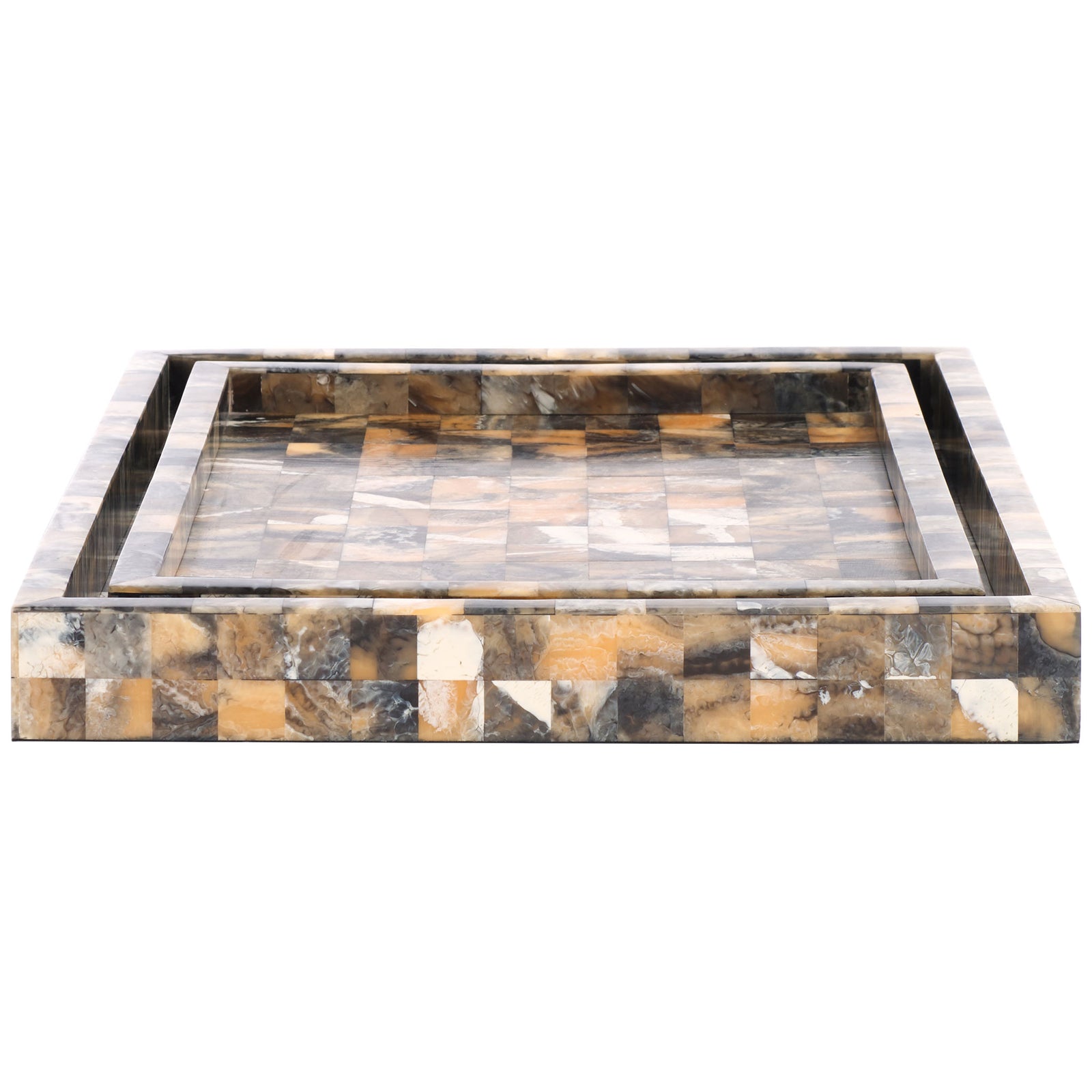 Layered tray rims showcase a patchwork of cream, charcoal, and golden brown. || RDC5011A-SET2 || side_studio