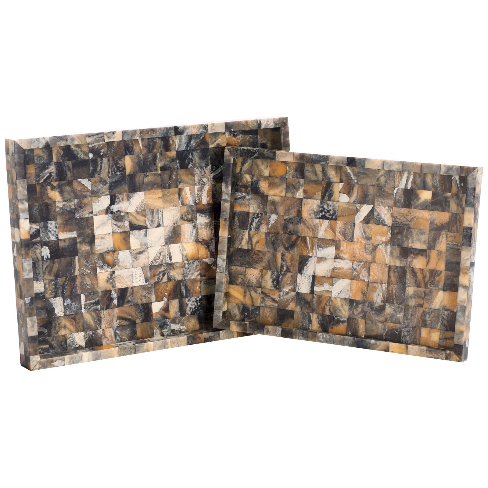 Matching marbled mosaics make the two shallow trays striking serving pieces or display accents. || RDC5011A-SET2 || top_angle_studio