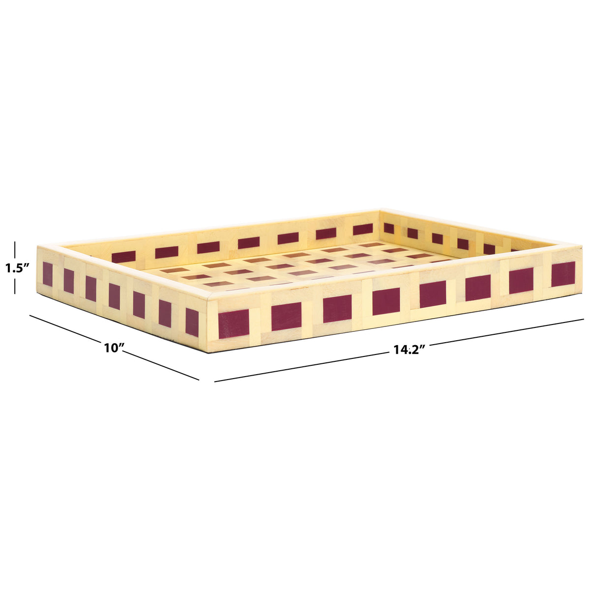 This low-profile tray measures 14.2 x 10 x 1.5 inches and features burgundy square inlays || RDC5012A || dimension_studio