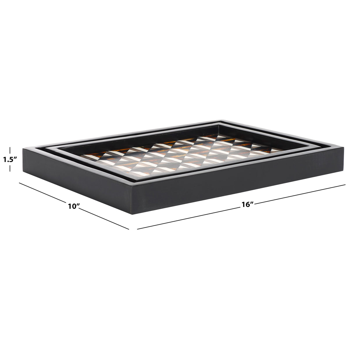 A 16-inch-long tray combines a low black rim with intricate ivory and amber geometric inlay || RDC5013A-SET2 || dimension_studio