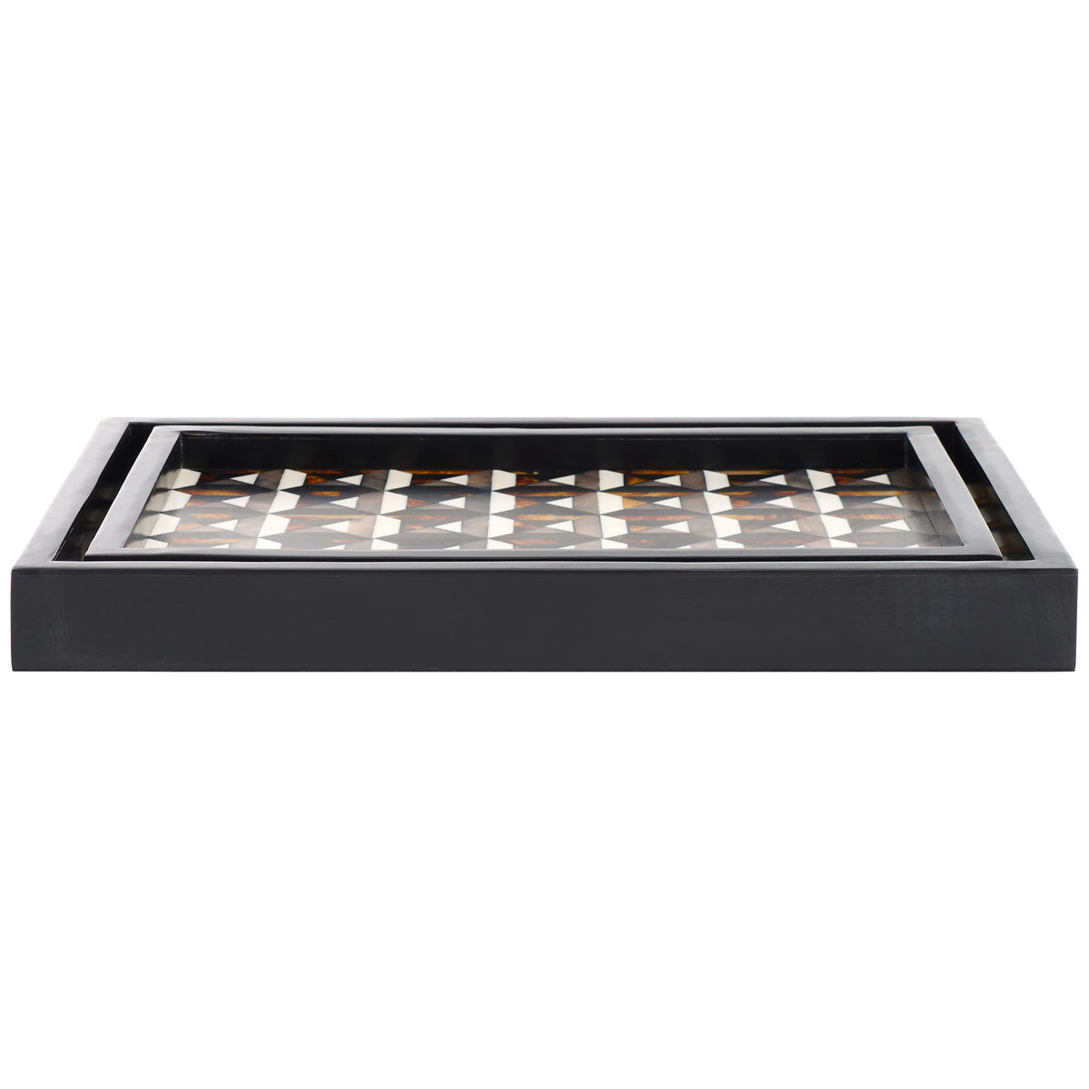 Nestable trays combine dark raised edges with intricate ivory and warm amber motifs || RDC5013A-SET2 || front_studio