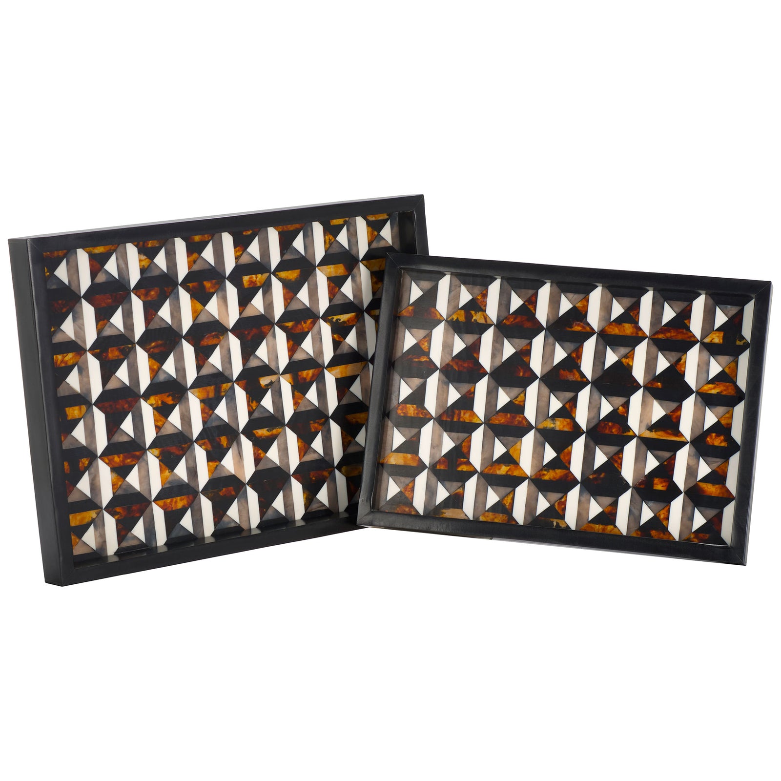 A pair of different-size trays showcases a vivid geometric mosaic inside dark frames || RDC5013A-SET2 || top_angle_studio