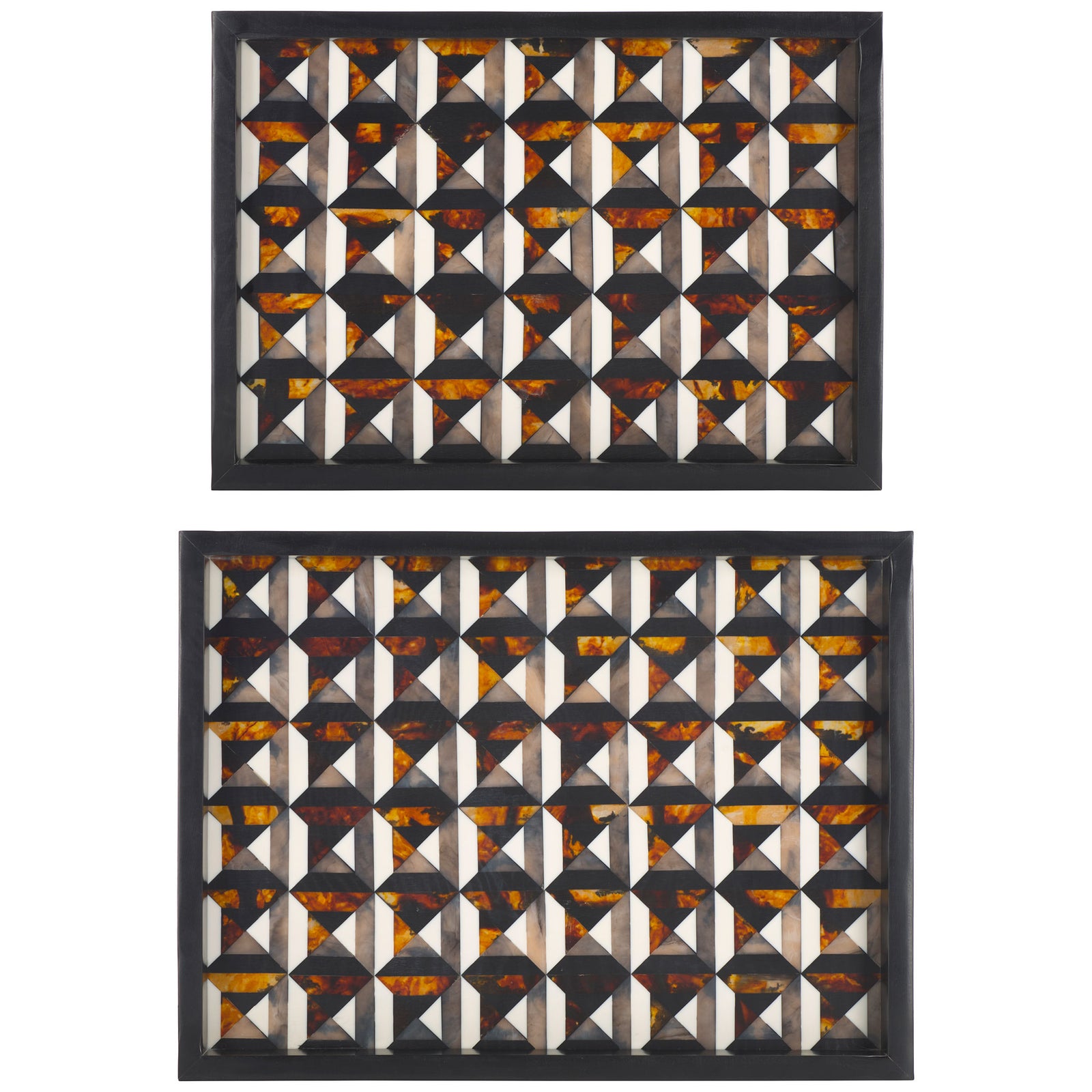Two patterned trays offer versatile sizes with repeating ivory, charcoal, and amber motifs || RDC5013A-SET2 || top_studio