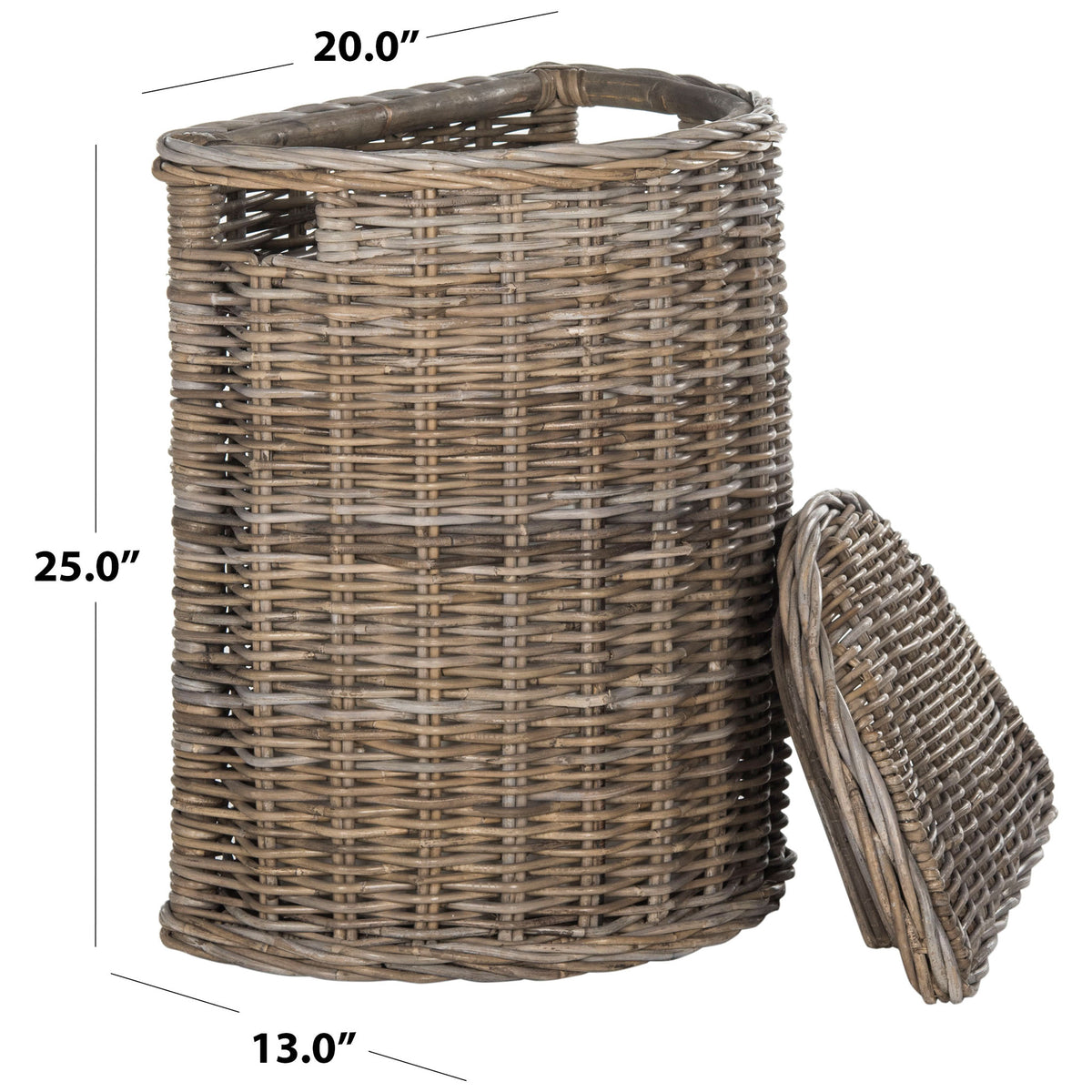 Tall gray rattan hamper has a tapered basket and removable woven lid for easy laundry storage. || SEA7008A || dimension_studio