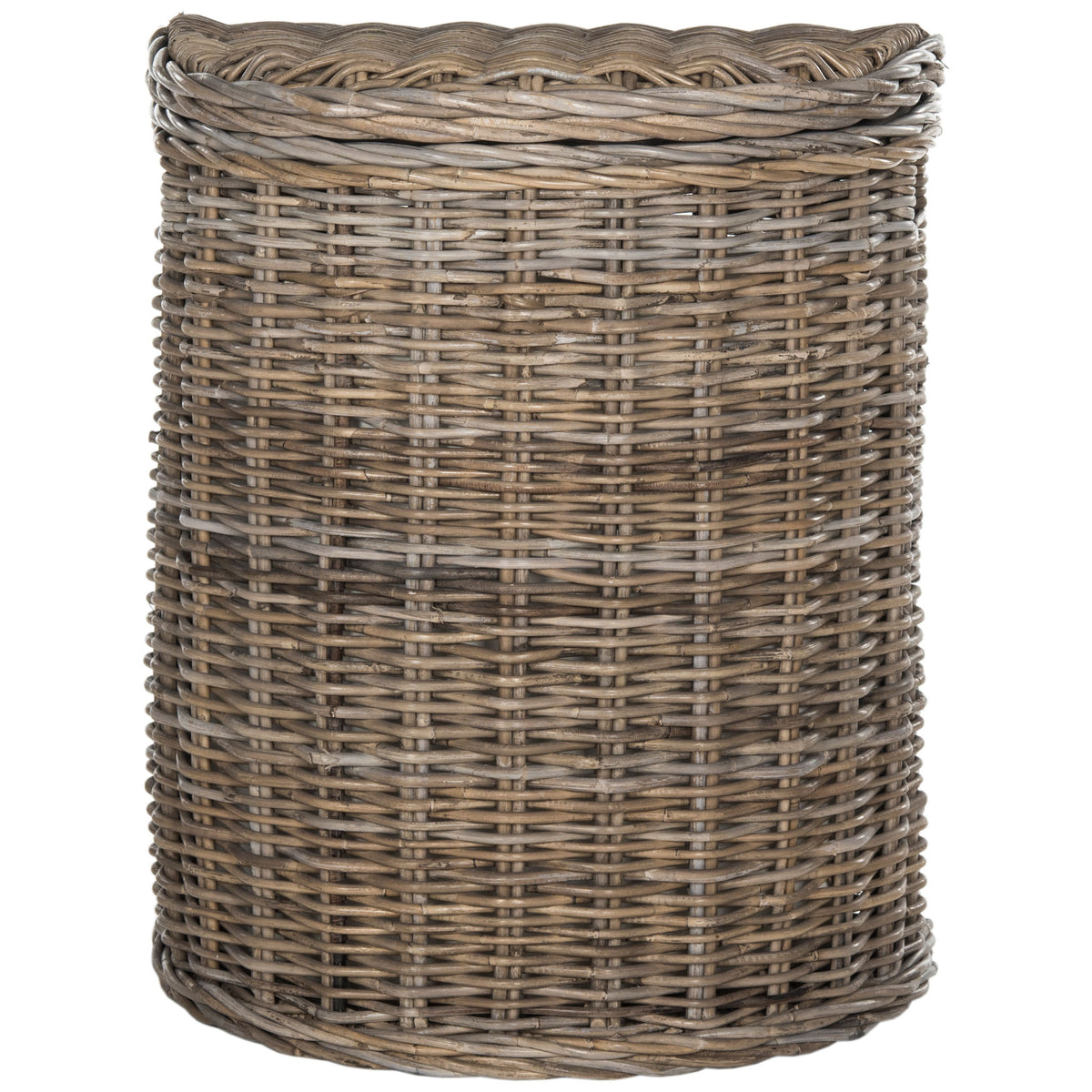 A fitted woven lid gives this tall gray rattan hamper a neat, textured look. || SEA7008A || front_studio