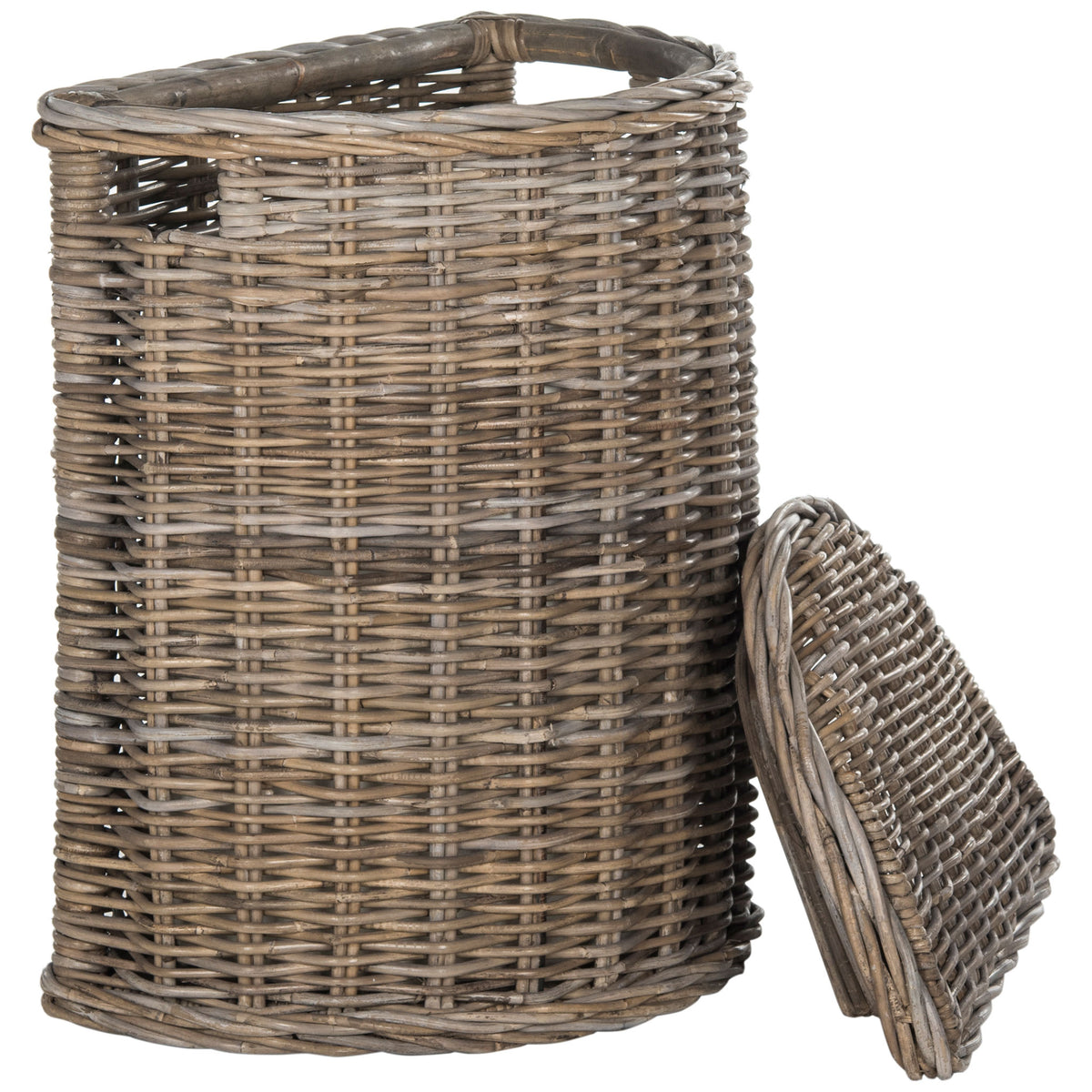 A cutout handle and removable lid make the gray woven rattan hamper easy to carry and fill. || SEA7008A || front_angle_open_studio