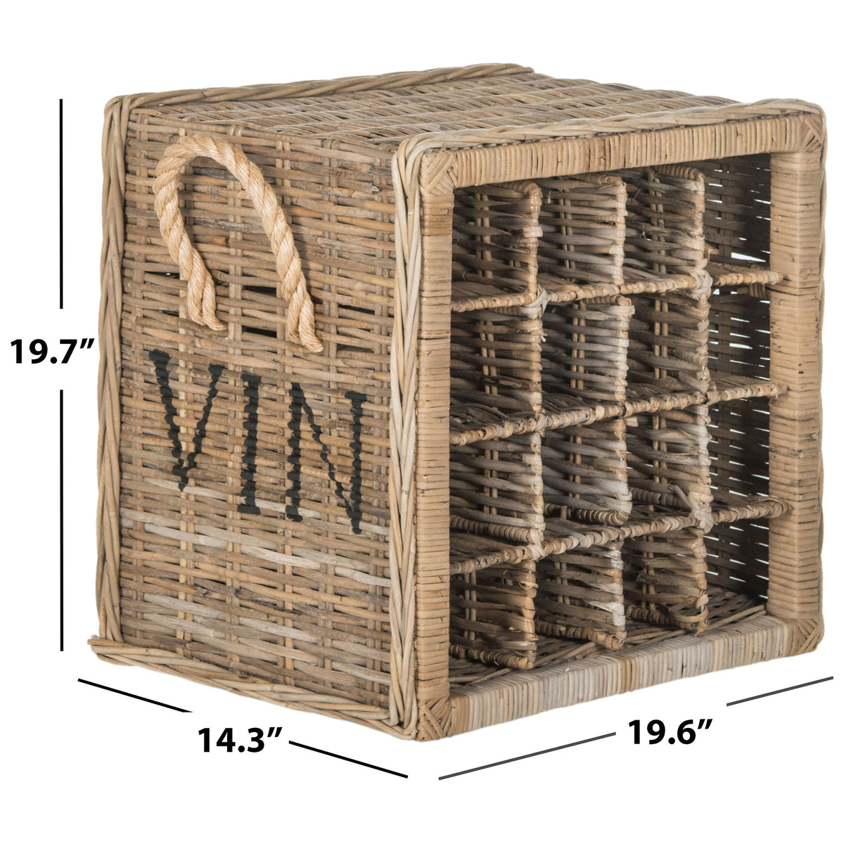 A compact 19.6-inch-wide rattan wine rack holds 16 bottles and stands 19.7 inches high. || SEA7016A || dimension_studio