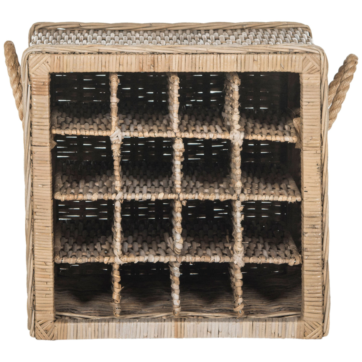 A tidy 4-by-4 grid of bottle cubbies fills the woven rattan frame, with rope handles on either side. || SEA7016A || front_studio