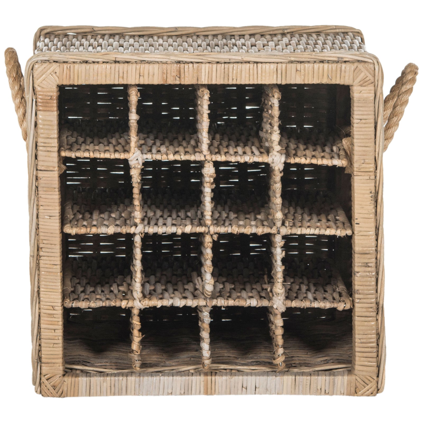 A tidy 4-by-4 grid of bottle cubbies fills the woven rattan frame, with rope handles on either side. || SEA7016A || front_studio