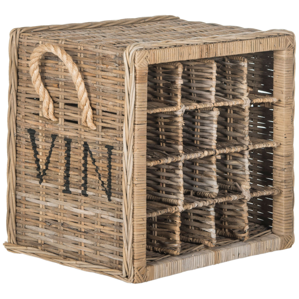 Rustic wicker sides with stenciled lettering frame 16 open bottle compartments. || SEA7016A || front_angle_studio